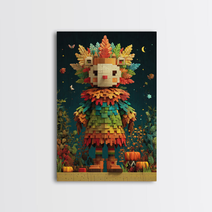 The Autumn Leaf Costume Contest, Pixel Halloween Art, Vertical Wall Art, Canvas Print, Cute Halloween Wall Art