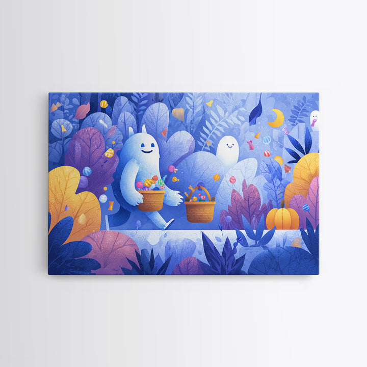 The Candy Bucket Relay Race, Vector Halloween Art, Landscape Wall Art, Framed Canvas Print, Cute Halloween Wall Art