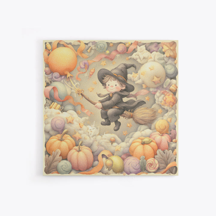 The Broomstick Obstacle Course, Hand Sketch Halloween Art, Square Wall Art, Canvas Print, Cute Halloween Wall Art