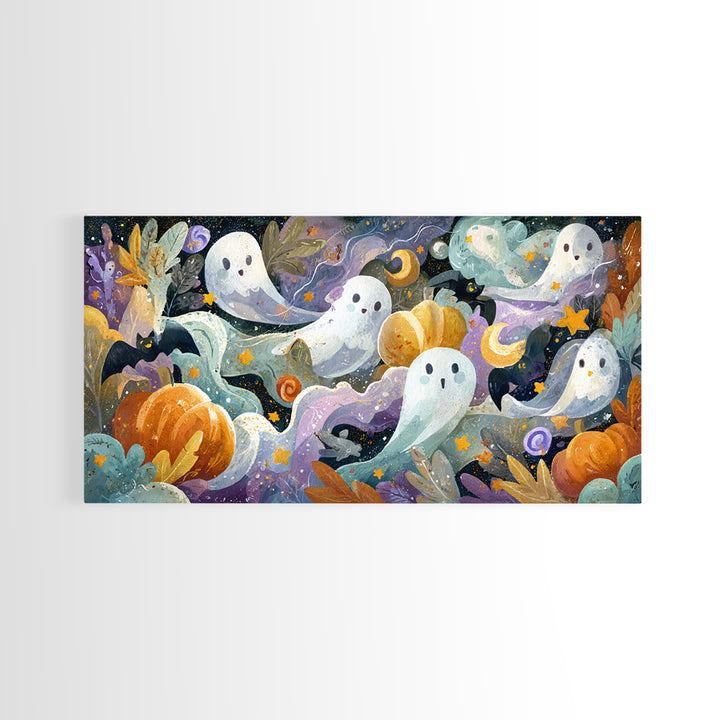 The Halloween Craft Table, Watercolor Halloween Art, Wide Panoramic Art, Framed Canvas Print, Cute Halloween Wall Art