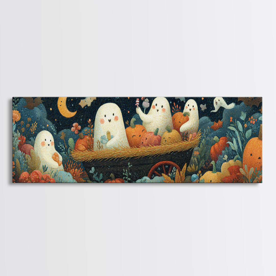The Friendly Haunted Hayride, Gouache Halloween Art, Extra Wide Wall Art, Canvas Print, Cute Halloween Wall Art