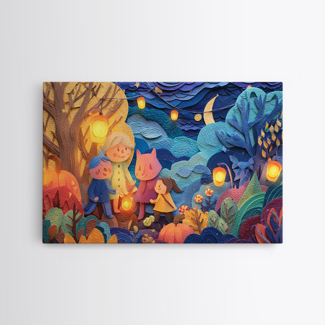 The Lantern-Making Festival, Paper Collage Halloween, Landscape Wall Art, Framed Canvas Print, Cute Halloween Wall Art