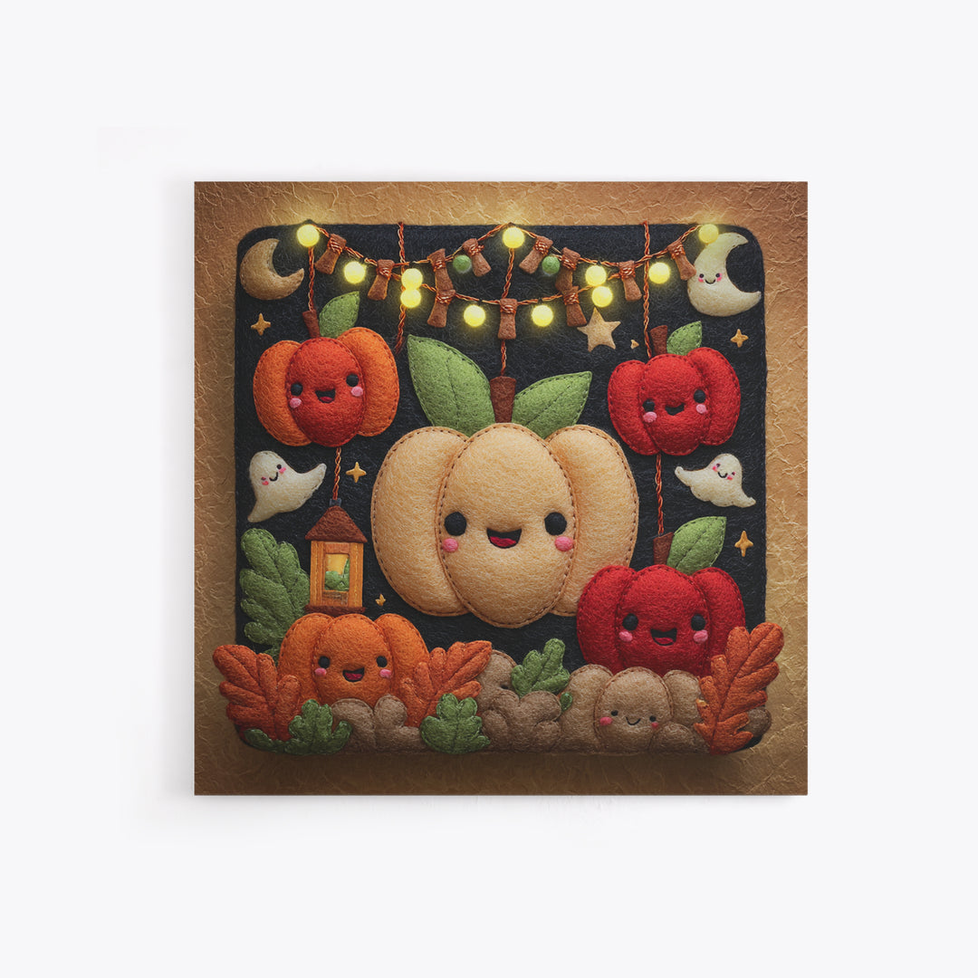 The Candy Apple Dance, Felt Halloween Art, Square Wall Art, Canvas Print, Cute Halloween Wall Art, Halloween Kids Decor