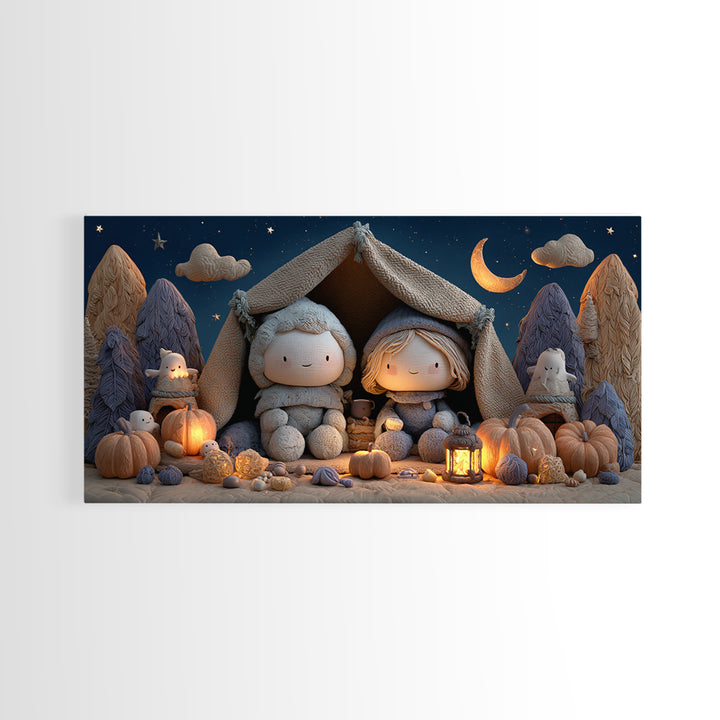 The Halloween Sleepover, Clay Halloween Art, Wide Panoramic Art, Framed Canvas Print, Cute Halloween Wall Art