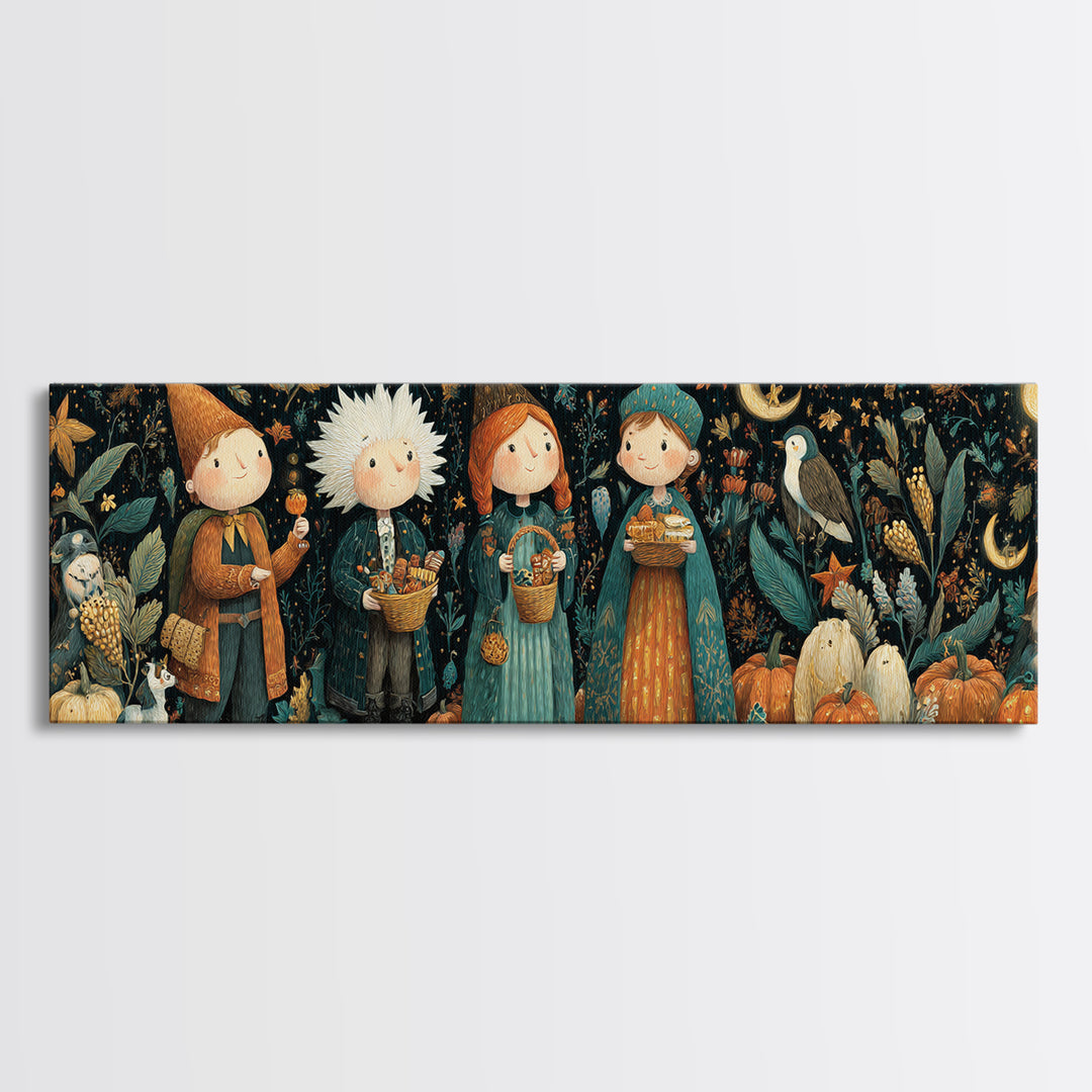 The Moonlit Scavenger Hunt, Plush Halloween Art, Extra Wide Wall Art, Canvas Print, Cute Halloween Wall Art