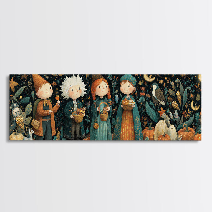 The Moonlit Scavenger Hunt, Plush Halloween Art, Extra Wide Wall Art, Canvas Print, Cute Halloween Wall Art