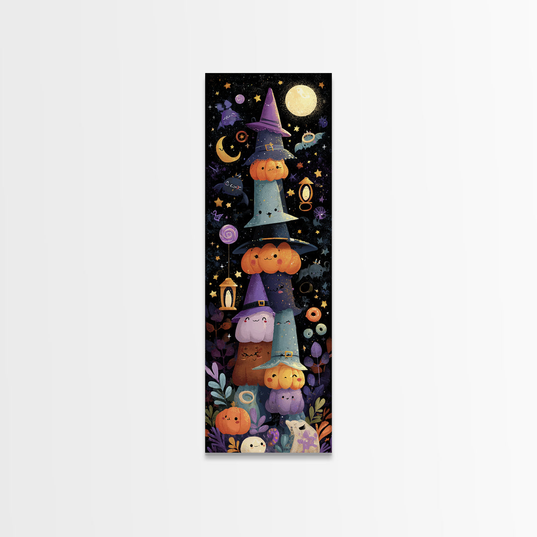 The Witch Hat Ring Toss, Kawaii Halloween Art, Tall Narrow Wall Art, Framed Canvas Print, Cute Halloween Wall Art