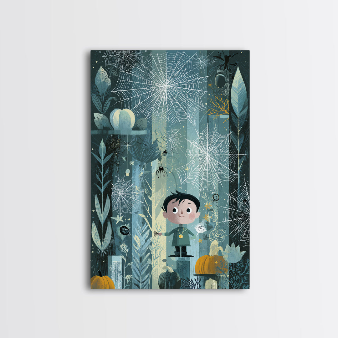 The Great Cobweb Knitting Contest, Retro Halloween Art, Vertical Wall Art, Canvas Print, Cute Halloween Wall Art