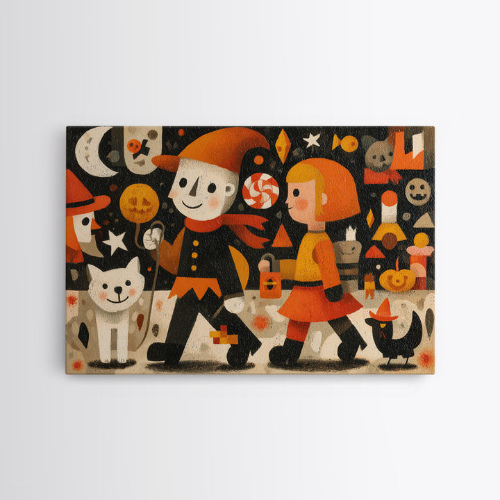 The Halloween Pet Parade, Screenprint Halloween Art, Landscape Wall Art, Framed Canvas Print, Cute Halloween Wall Art