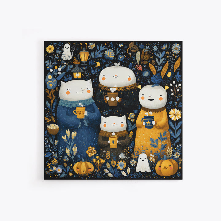 The Midnight Cocoa Party, Folk Halloween Art, Square Wall Art, Canvas Print, Cute Halloween Wall Art