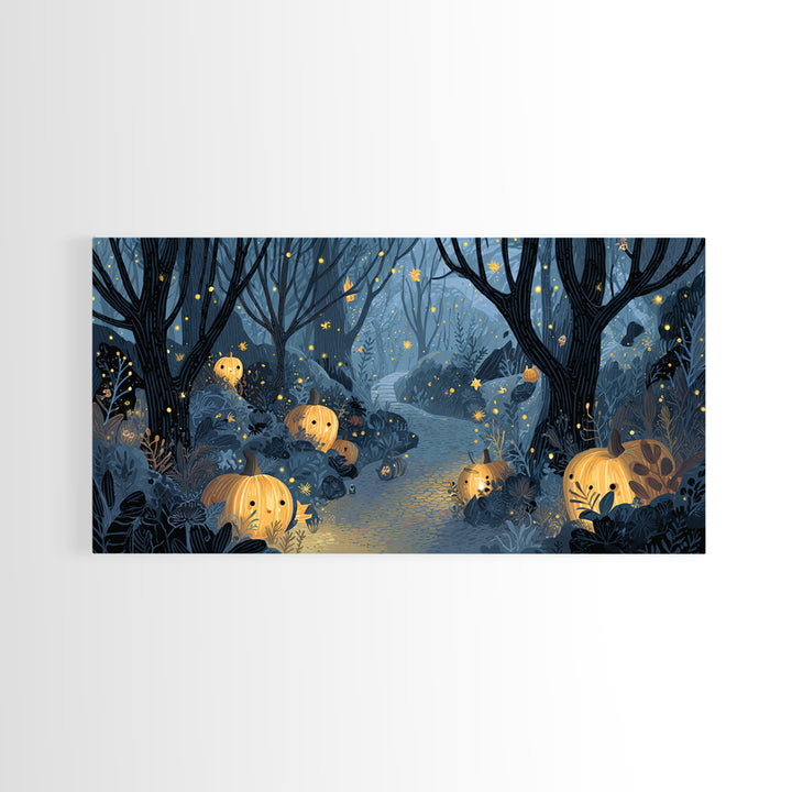The Firefly Lantern Forest, Linocut Halloween Art, Wide Panoramic Art, Framed Canvas Print, Cute Halloween Wall Art