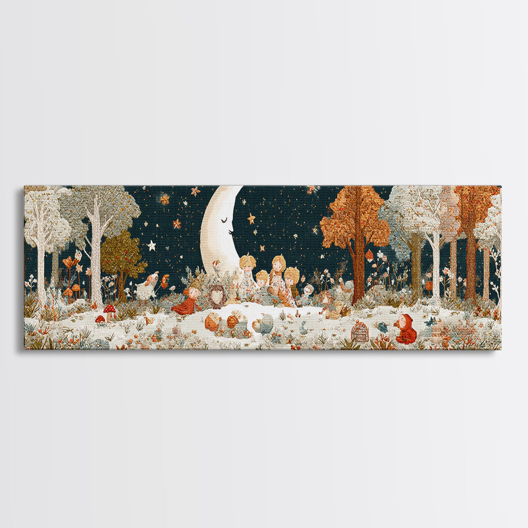 The Smiling Moon Meadow, Embroidered Halloween Art, Extra Wide Wall Art, Canvas Print, Cute Halloween Wall Art