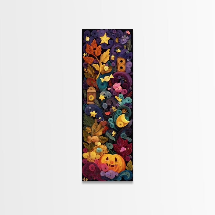 The Dancing Autumn Leaves, Quilled Halloween Art, Tall Narrow Wall Art, Framed Canvas Print, Cute Halloween Wall Art
