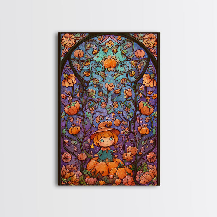 The Pumpkin Flower Garden, Stained Glass Halloween, Vertical Wall Art, Canvas Print, Cute Halloween Wall Art