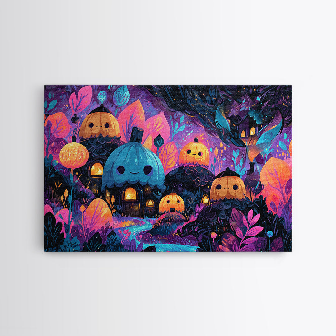 The Moonlit Acorn Village, Vaporwave Halloween Art, Landscape Wall Art, Framed Canvas Print, Cute Halloween Wall Art