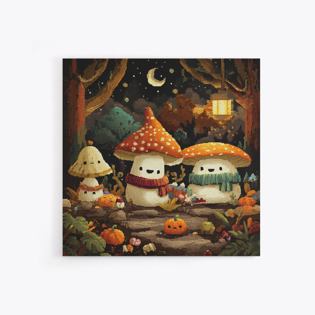 The Friendly Mushroom Forest, Pixel Halloween Art, Square Wall Art, Canvas Print, Cute Halloween Wall Art