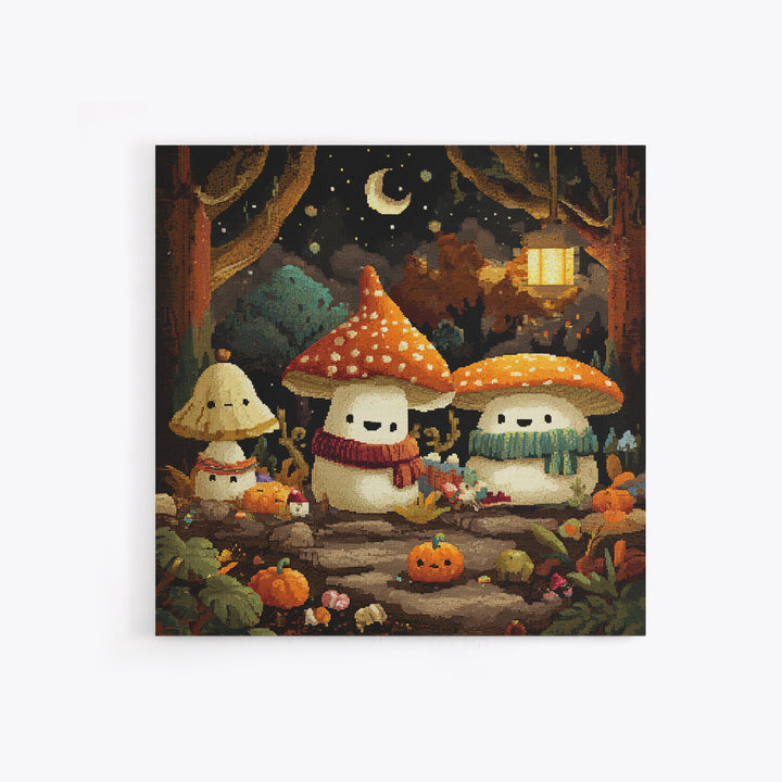 The Friendly Mushroom Forest, Pixel Halloween Art, Square Wall Art, Canvas Print, Cute Halloween Wall Art