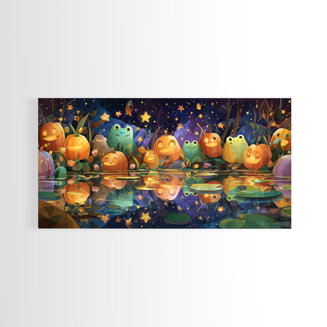 The Star-Filled Pumpkin Pond, Vector Halloween Art, Wide Panoramic Art, Framed Canvas Print, Cute Halloween Wall Art