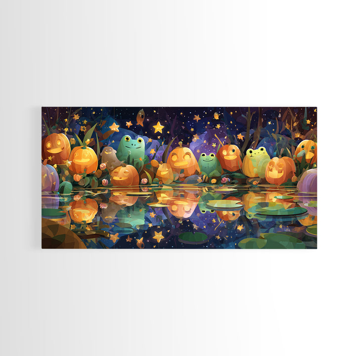 The Star-Filled Pumpkin Pond, Vector Halloween Art, Wide Panoramic Art, Framed Canvas Print, Cute Halloween Wall Art
