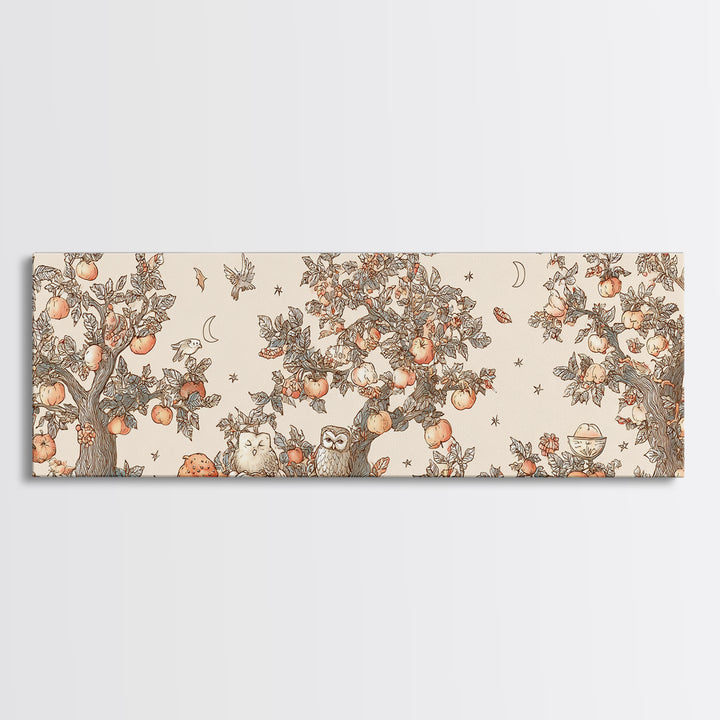 The Sleepy Owl Orchard, Hand Sketch Halloween Art, Extra Wide Wall Art, Canvas Print, Cute Halloween Wall Art