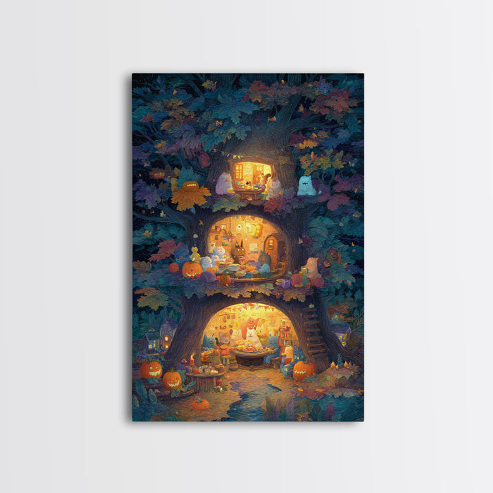 The Cozy Hollow Tree, Gouache Halloween Art, Vertical Wall Art, Canvas Print, Cute Halloween Wall Art
