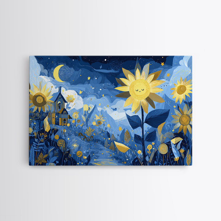 The Singing Sunflowers At Midnight, Crayon Halloween Art, Landscape Wall Art, Framed Canvas Print, Cute Halloween Wall Art