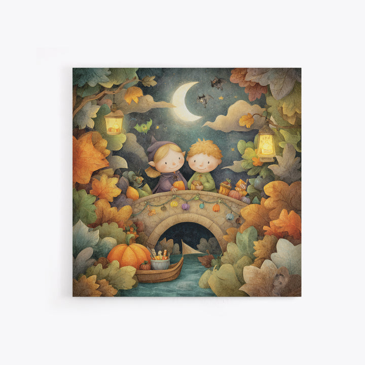 The Autumn Fairy Bridge, Pastel Halloween Art, Square Wall Art, Canvas Print, Cute Halloween Wall Art