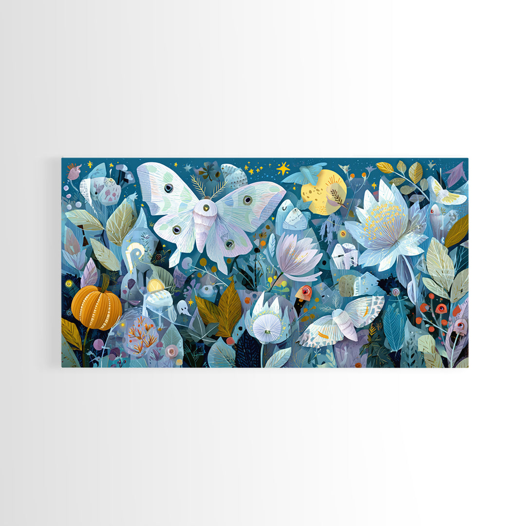 The Moon-Moth Garden, Paper Collage Halloween, Wide Panoramic Art, Framed Canvas Print, Cute Halloween Wall Art
