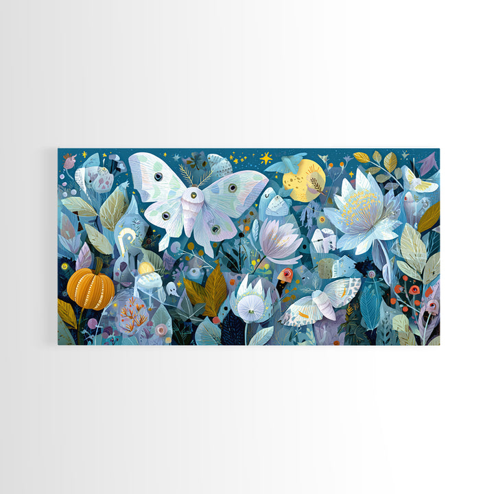 The Moon-Moth Garden, Paper Collage Halloween, Wide Panoramic Art, Framed Canvas Print, Cute Halloween Wall Art