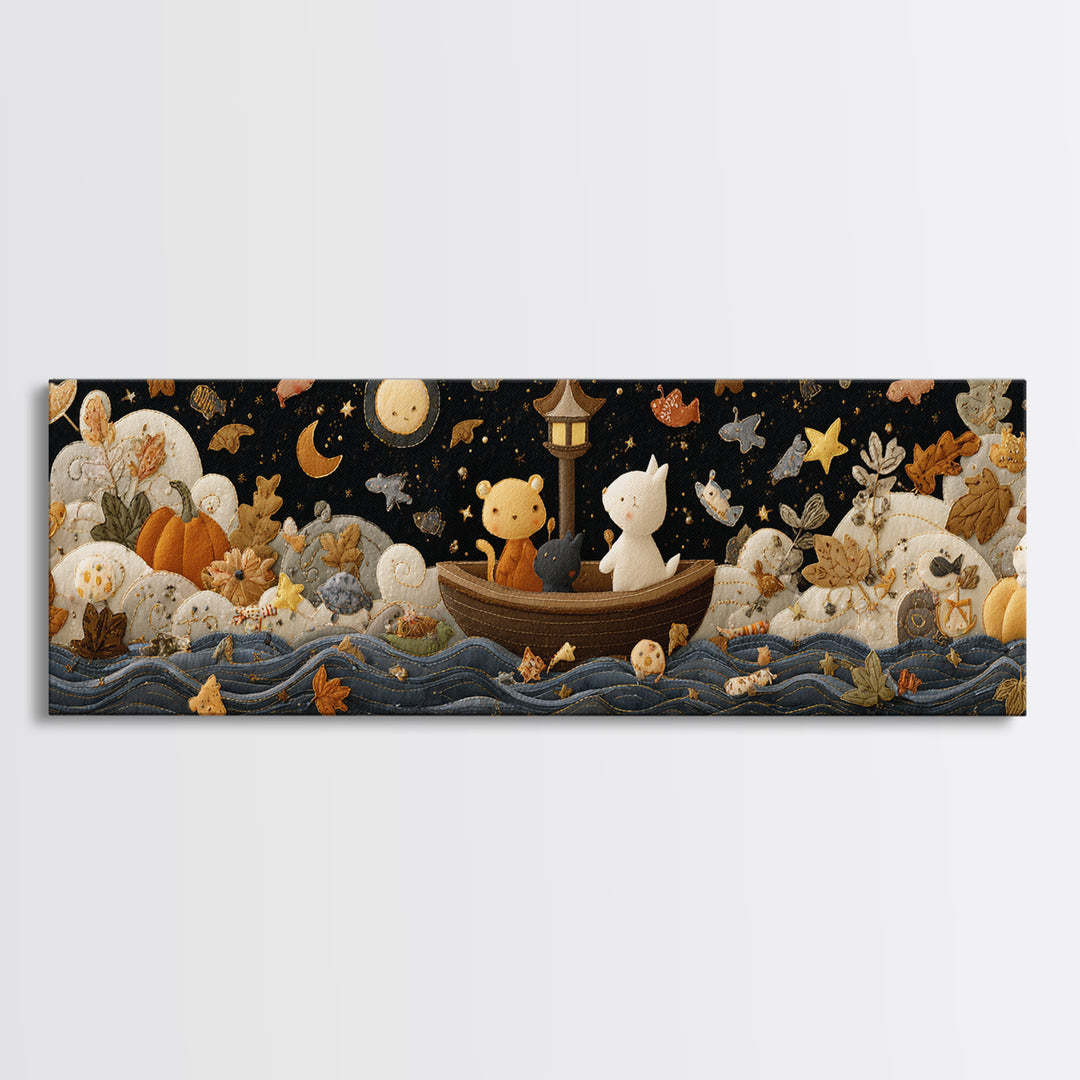 The Golden Leaf River, Felt Halloween Art, Extra Wide Wall Art, Canvas Print, Cute Halloween Wall Art