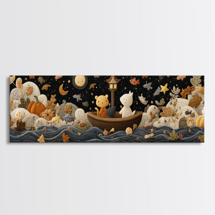 The Golden Leaf River, Felt Halloween Art, Extra Wide Wall Art, Canvas Print, Cute Halloween Wall Art