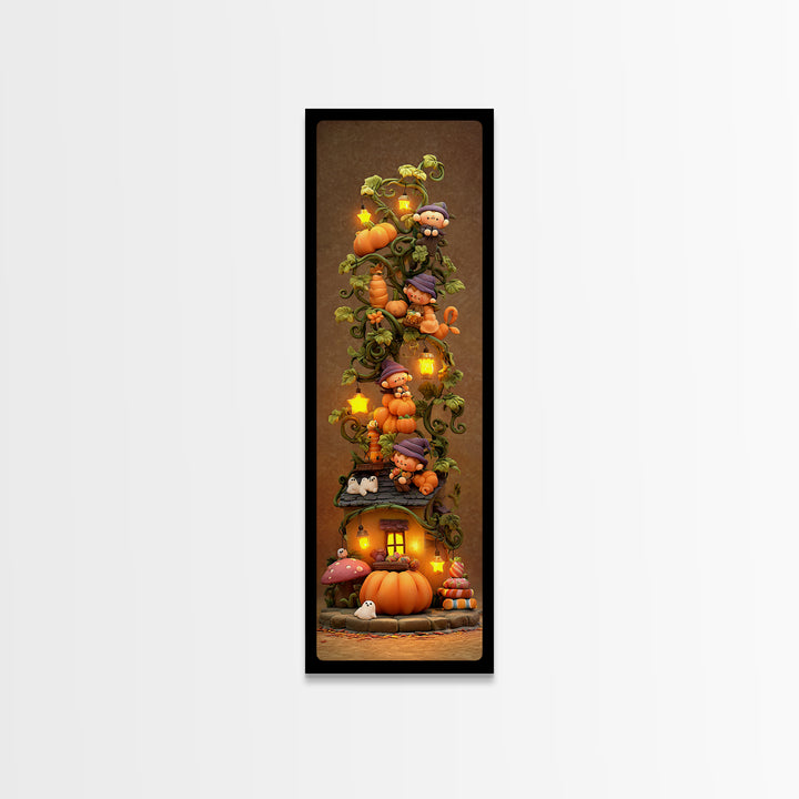 The Pumpkin Vine Swing, Clay Halloween Art, Tall Narrow Wall Art, Framed Canvas Print, Cute Halloween Wall Art
