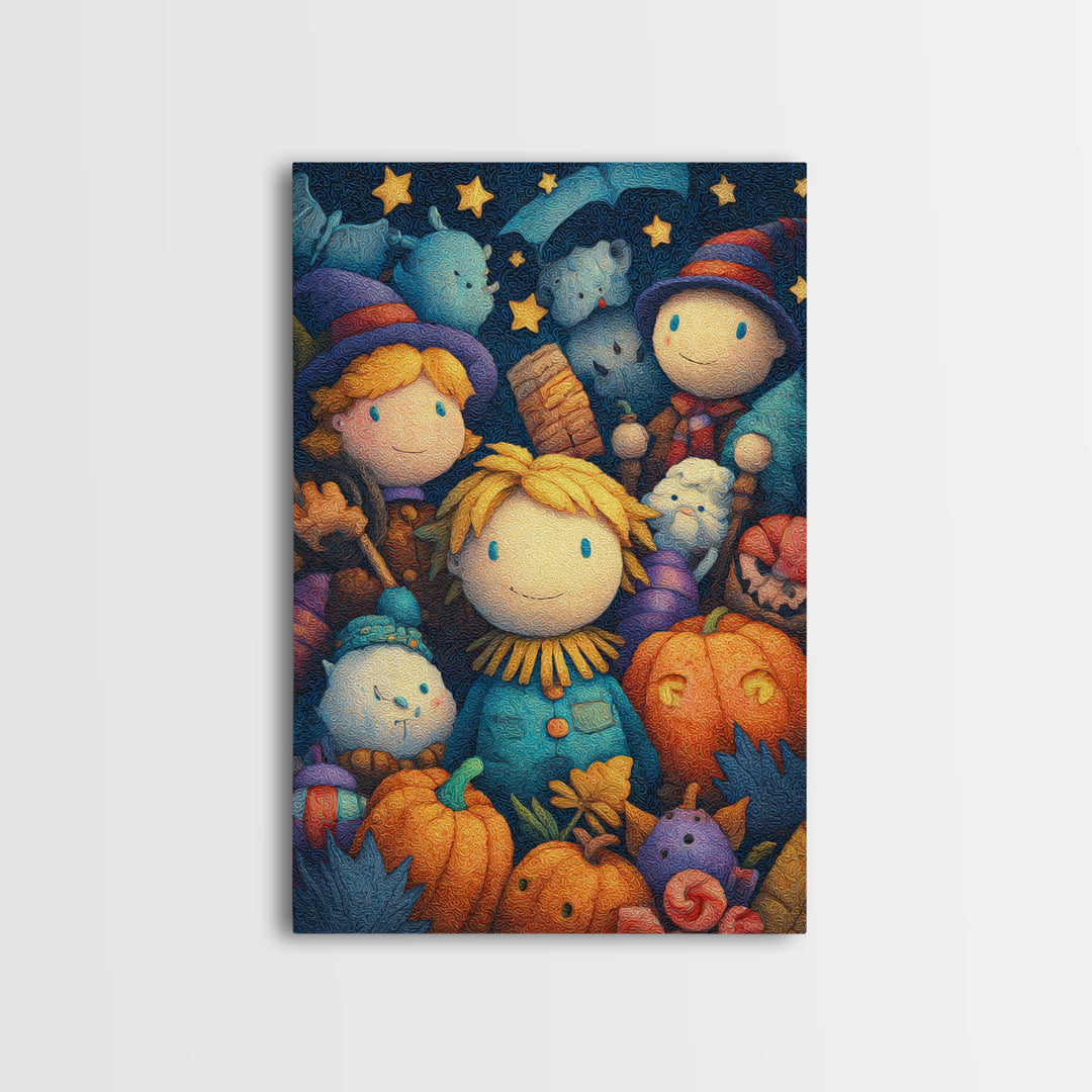 The Starry Cornfield Maze, Plush Halloween Art, Vertical Wall Art, Canvas Print, Cute Halloween Wall Art