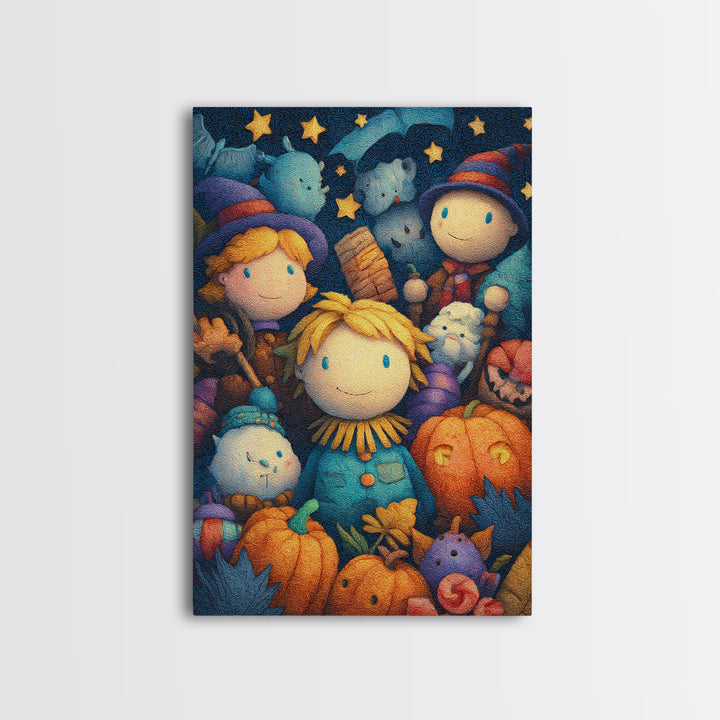 The Starry Cornfield Maze, Plush Halloween Art, Vertical Wall Art, Canvas Print, Cute Halloween Wall Art