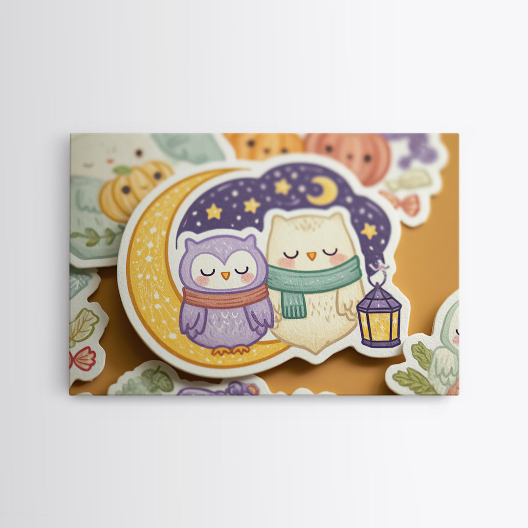 The Owl And The Crescent Moon, Kawaii Halloween Art, Landscape Wall Art, Framed Canvas Print, Cute Halloween Wall Art