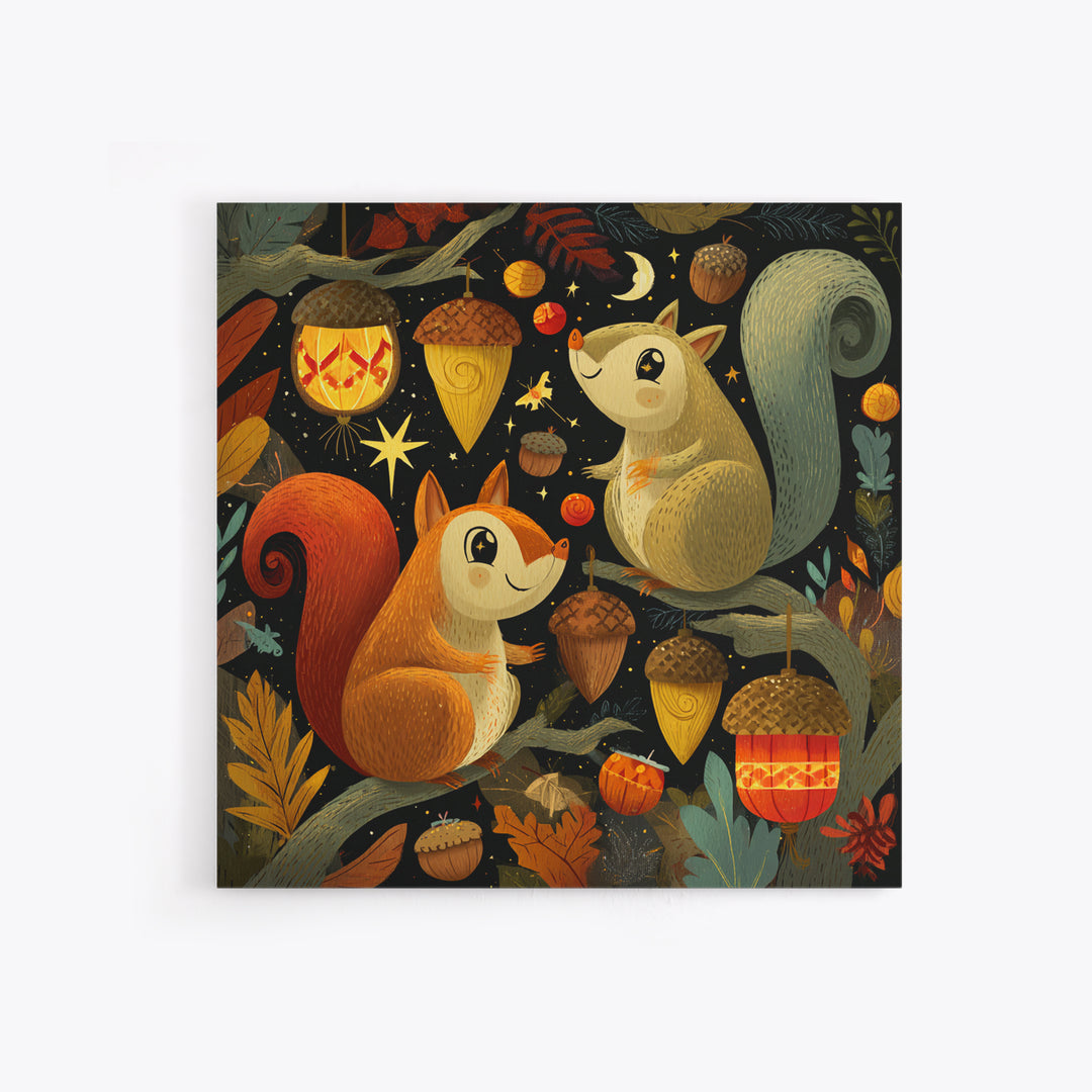 The Acorn Lantern Festival, Retro Halloween Art, Square Wall Art, Canvas Print, Cute Halloween Wall Art
