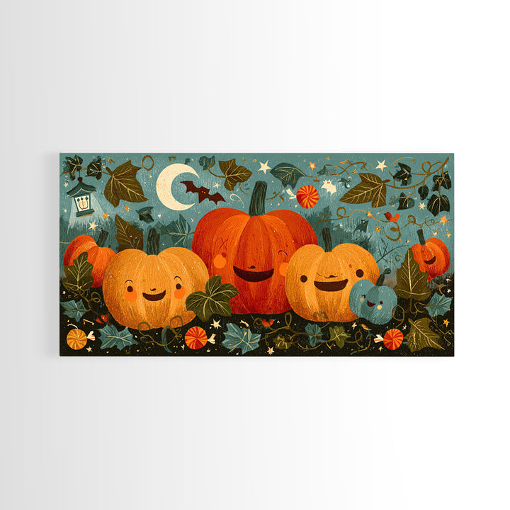 The Singing Pumpkin Patch, Screenprint Halloween Art, Wide Panoramic Art, Framed Canvas Print, Cute Halloween Wall Art