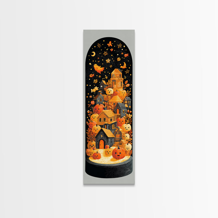 Halloween Inside A Snow Globe, Linocut Halloween Art, Tall Narrow Wall Art, Framed Canvas Print, Cute Halloween Wall Art
