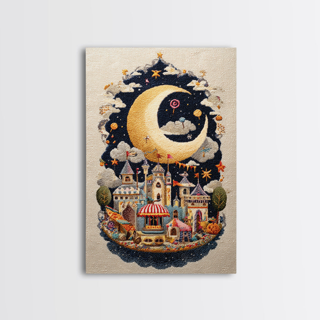 The Tiny Moon Carnival, Embroidered Halloween Art, Vertical Wall Art, Canvas Print, Cute Halloween Wall Art