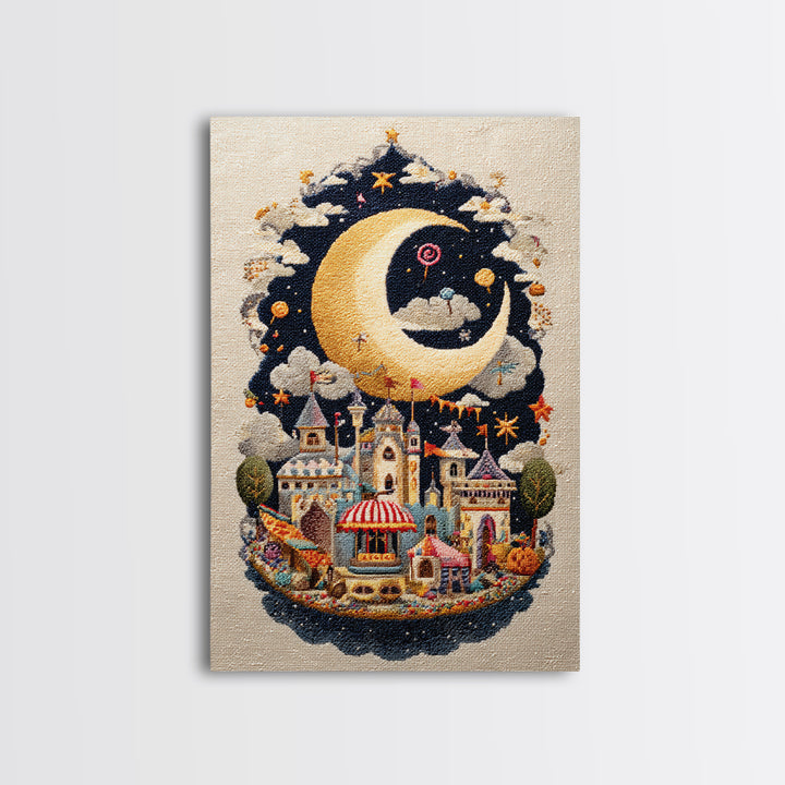 The Tiny Moon Carnival, Embroidered Halloween Art, Vertical Wall Art, Canvas Print, Cute Halloween Wall Art