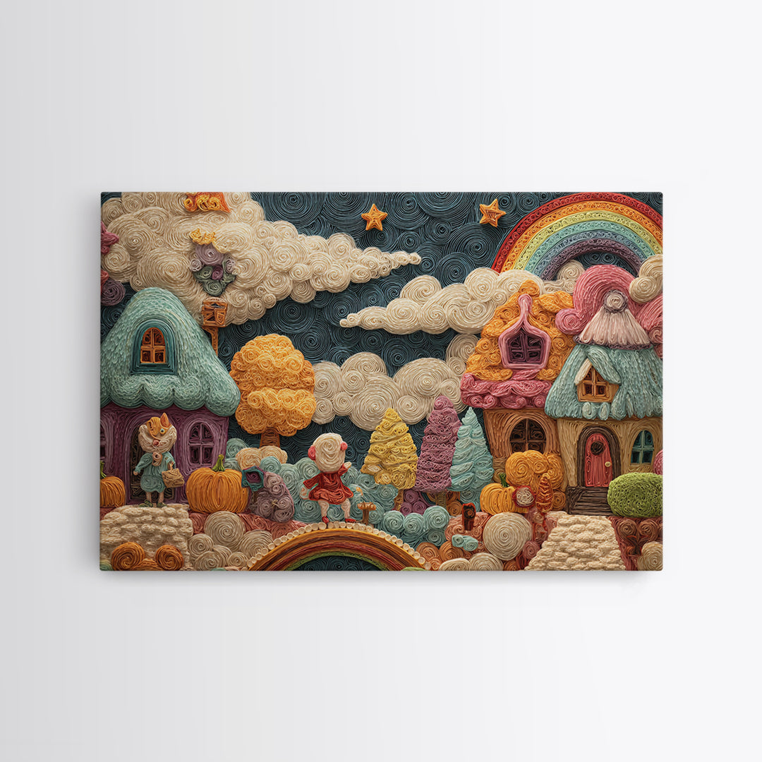 The Upside-Down Candy Kingdom, Quilled Halloween Art, Landscape Wall Art, Framed Canvas Print, Cute Halloween Wall Art