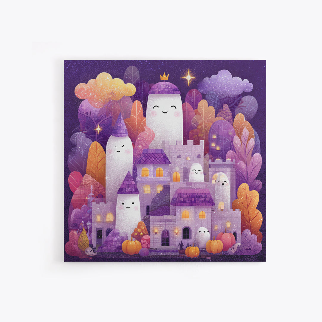 The Halloween Cloud Castle, Stained Glass Halloween, Square Wall Art, Canvas Print, Cute Halloween Wall Art