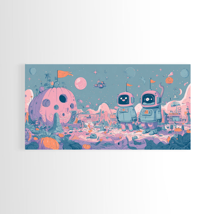 The Pumpkin Moon Expedition, Vaporwave Halloween Art, Wide Panoramic Art, Framed Canvas Print, Cute Halloween Wall Art