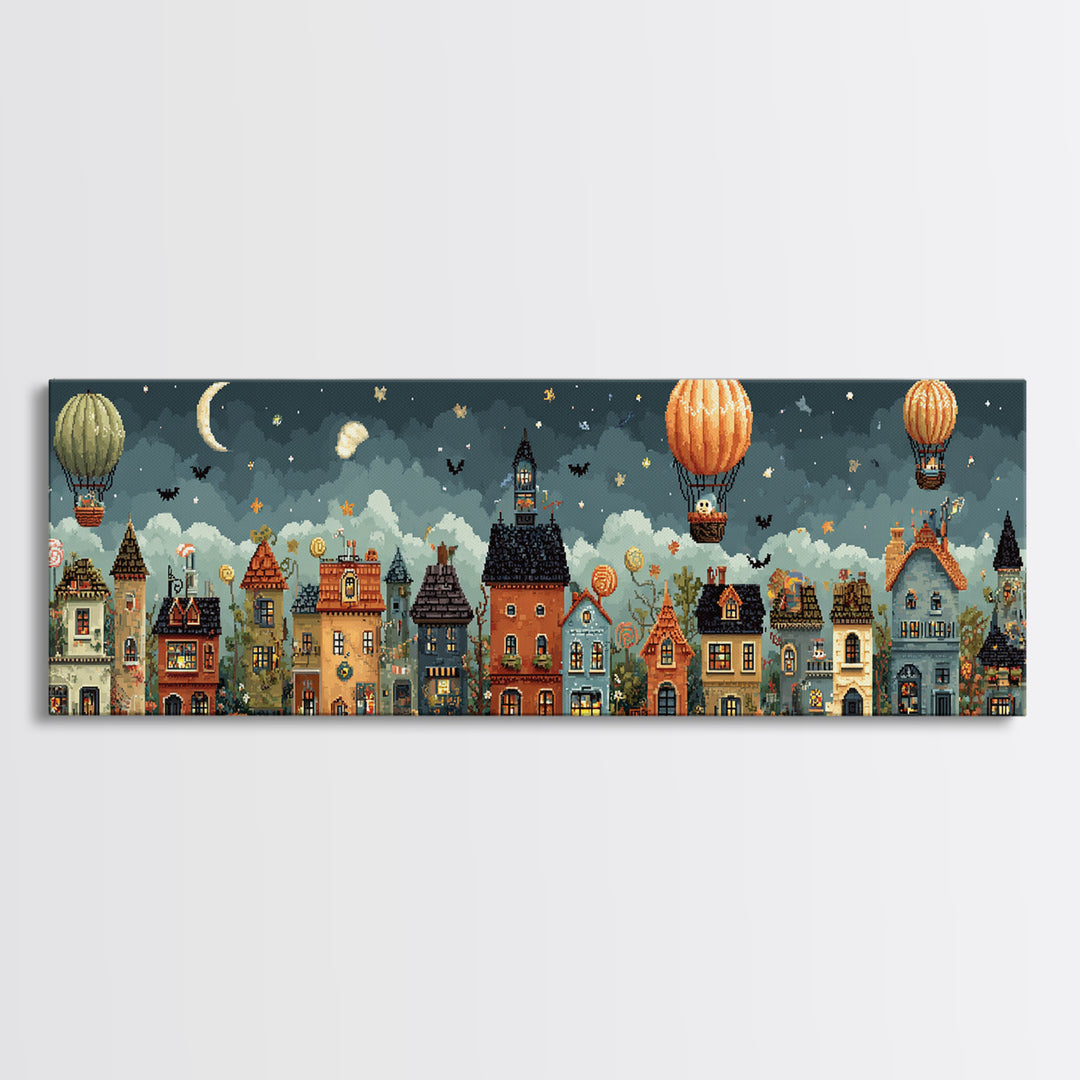 The Ghost Balloon City, Pixel Halloween Art, Extra Wide Wall Art, Canvas Print, Cute Halloween Wall Art