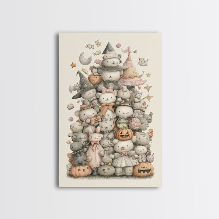 The Halloween Toy Kingdom, Hand Sketch Halloween Art, Vertical Wall Art, Canvas Print, Cute Halloween Wall Art