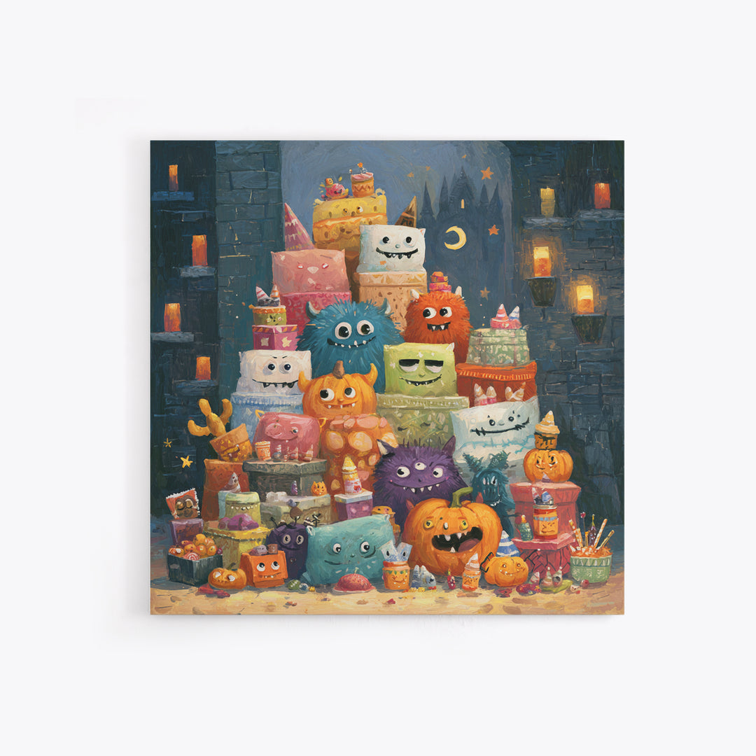The Great Monster Pajama Party, Gouache Halloween Art, Square Wall Art, Canvas Print, Cute Halloween Wall Art