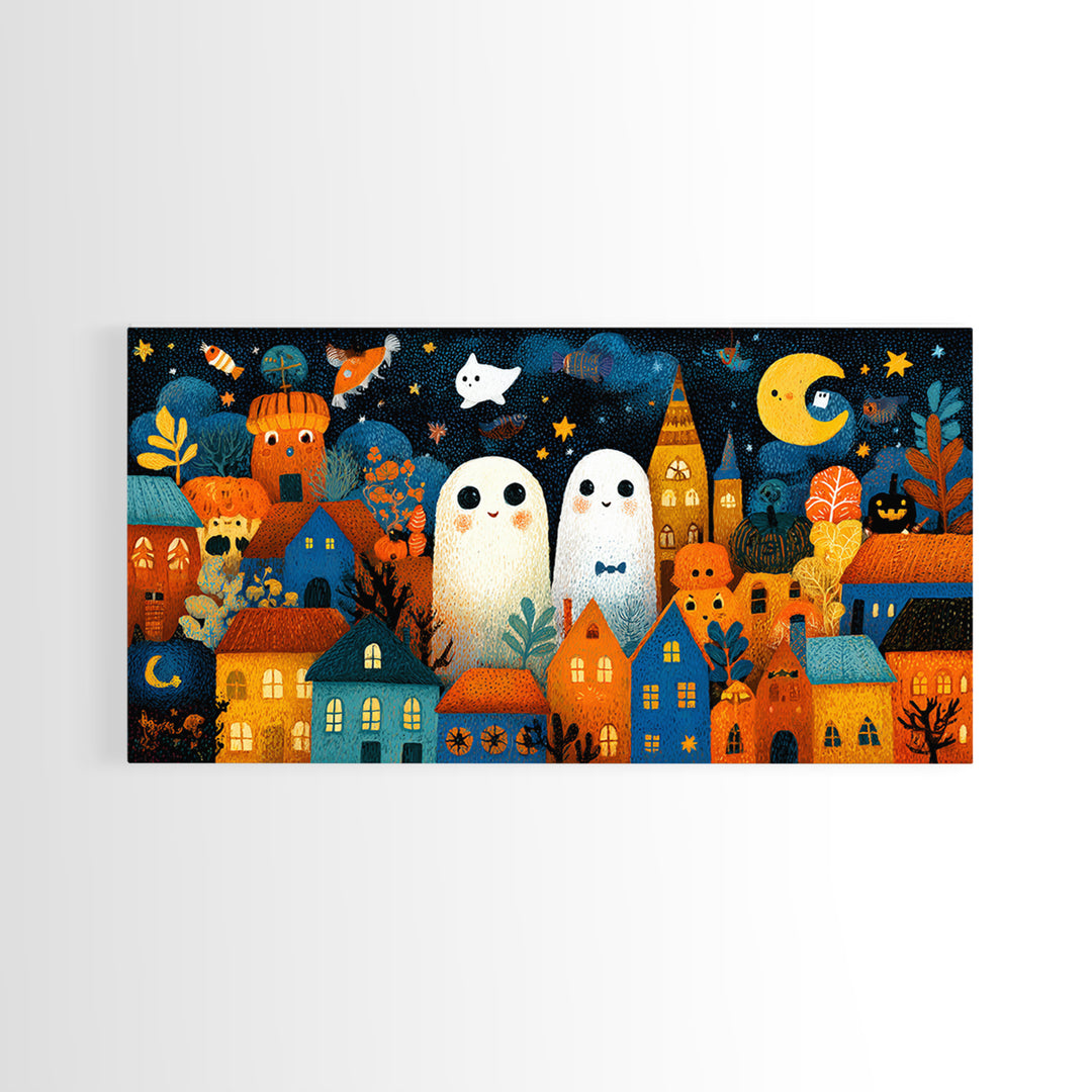 The Rainbow Halloween Night, Crayon Halloween Art, Wide Panoramic Art, Framed Canvas Print, Cute Halloween Wall Art