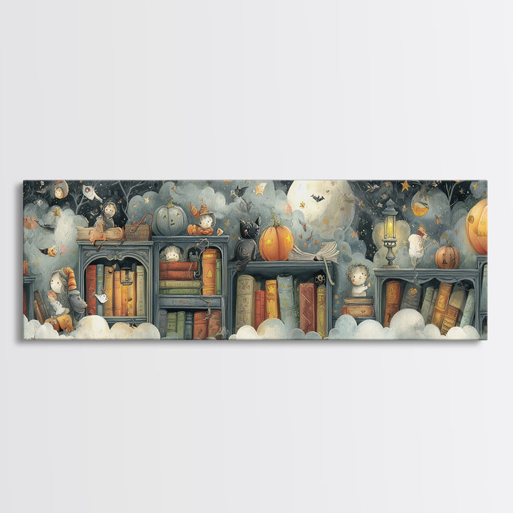 The Enchanted Halloween Library, Pastel Halloween Art, Extra Wide Wall Art, Canvas Print, Cute Halloween Wall Art