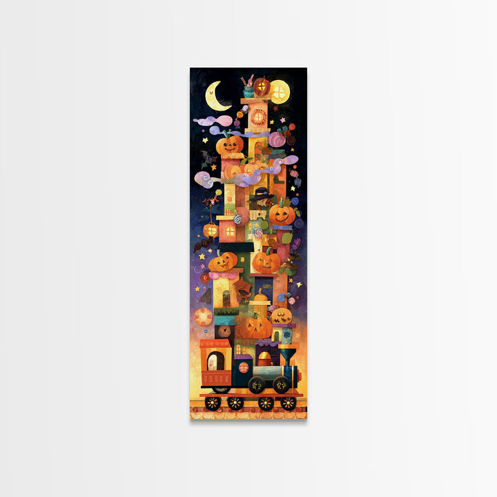 The Trick-Or-Treat Express, Paper Collage Halloween, Tall Narrow Wall Art, Framed Canvas Print, Cute Halloween Wall Art