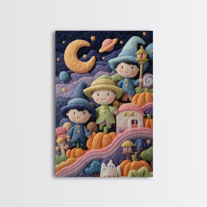 The Parade Across The Stars, Felt Halloween Art, Vertical Wall Art, Canvas Print, Cute Halloween Wall Art